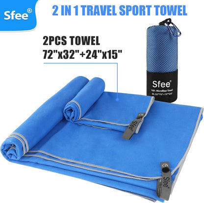 Sfee 2 Pack Microfiber Travel Towel, Quick Dry Camping Towel Large Beach Towel Super Absorbent Compact Lightweight Sports Gym Towels Set for Beach, Gym, Hiking, Pool, Backpacking,Bath,Yoga