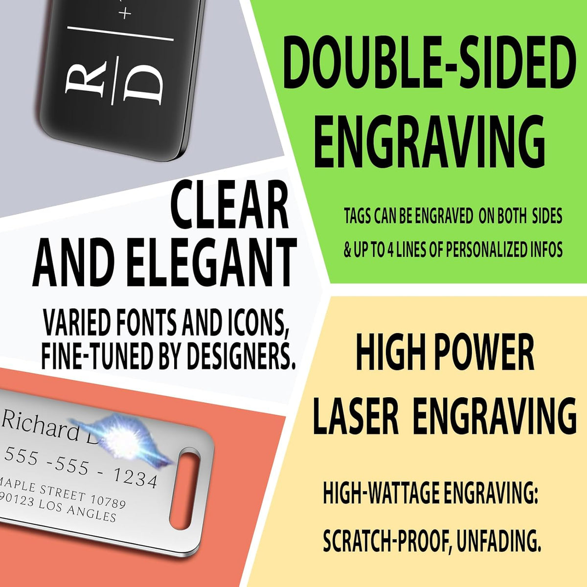 Personalized Luggage Tags for Suitcases 4 Pack - Stainless Steel Custom Luggage Tags for Backpacks & Bags, Sturdy, Waterproof & Heavy Duty (Silver / 3" x 1.25")