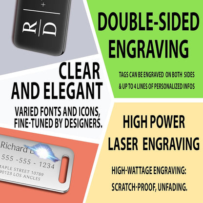 Personalized Luggage Tags for Suitcases 4 Pack - Stainless Steel Custom Luggage Tags for Backpacks & Bags, Sturdy, Waterproof & Heavy Duty (Silver / 3" x 1.25")