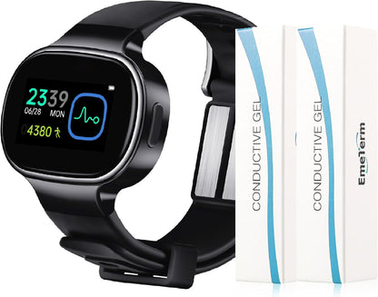 EmeTerm Smart FDA-Cleared Anti-Nausea Wristwatch Touchscreen IP67 Waterproof Morning Motion Sickness Relief Rechargeable Fast Acting Drug Free (Black - Extra 2pack Conductive Gel)