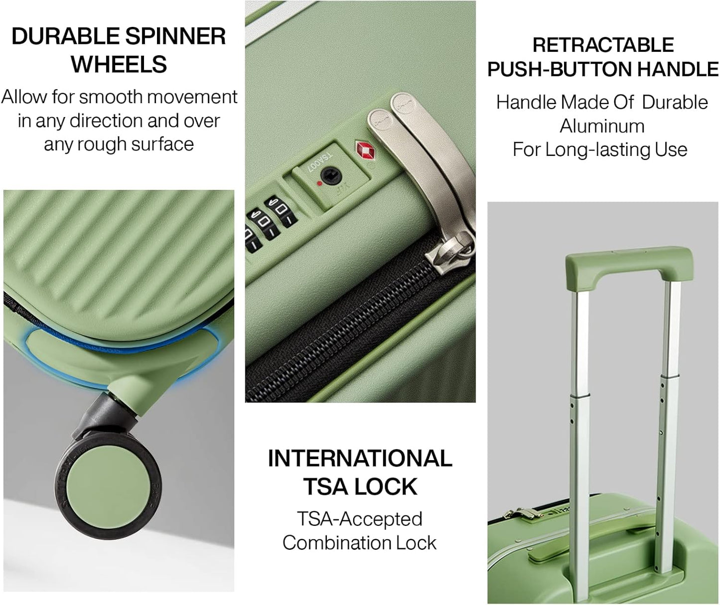 mixi Carry On Luggage, 18'' Suitcases with Spinner Wheels, Rolling Travel Suitcase with Front Laptop Pocket Luggage Aluminum Frame PC Hardside with TSA Lock and Cover, Avocado Green