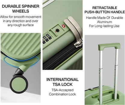 mixi Carry On Luggage, 18'' Suitcases with Spinner Wheels, Rolling Travel Suitcase with Front Laptop Pocket Luggage Aluminum Frame PC Hardside with TSA Lock and Cover, Avocado Green