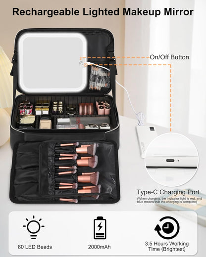 Relavel Makeup Bag with LED Mirror Travel Train Case Large Cosmetic Bags Organizer with Lighted Up Mirror with 3 Color Lights, Adjustable Brightness, Adjustable Dividers and Shoulder Strap (Black)