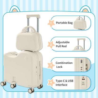 TABU Ride-on Luggage with Handbag for Kids，Hardshell Carry On Suitcase with Hidden Cup Holder, Foldable Pedal,Type-C & USB Interface, TSA Lock, 6-Spinner Wheels, White