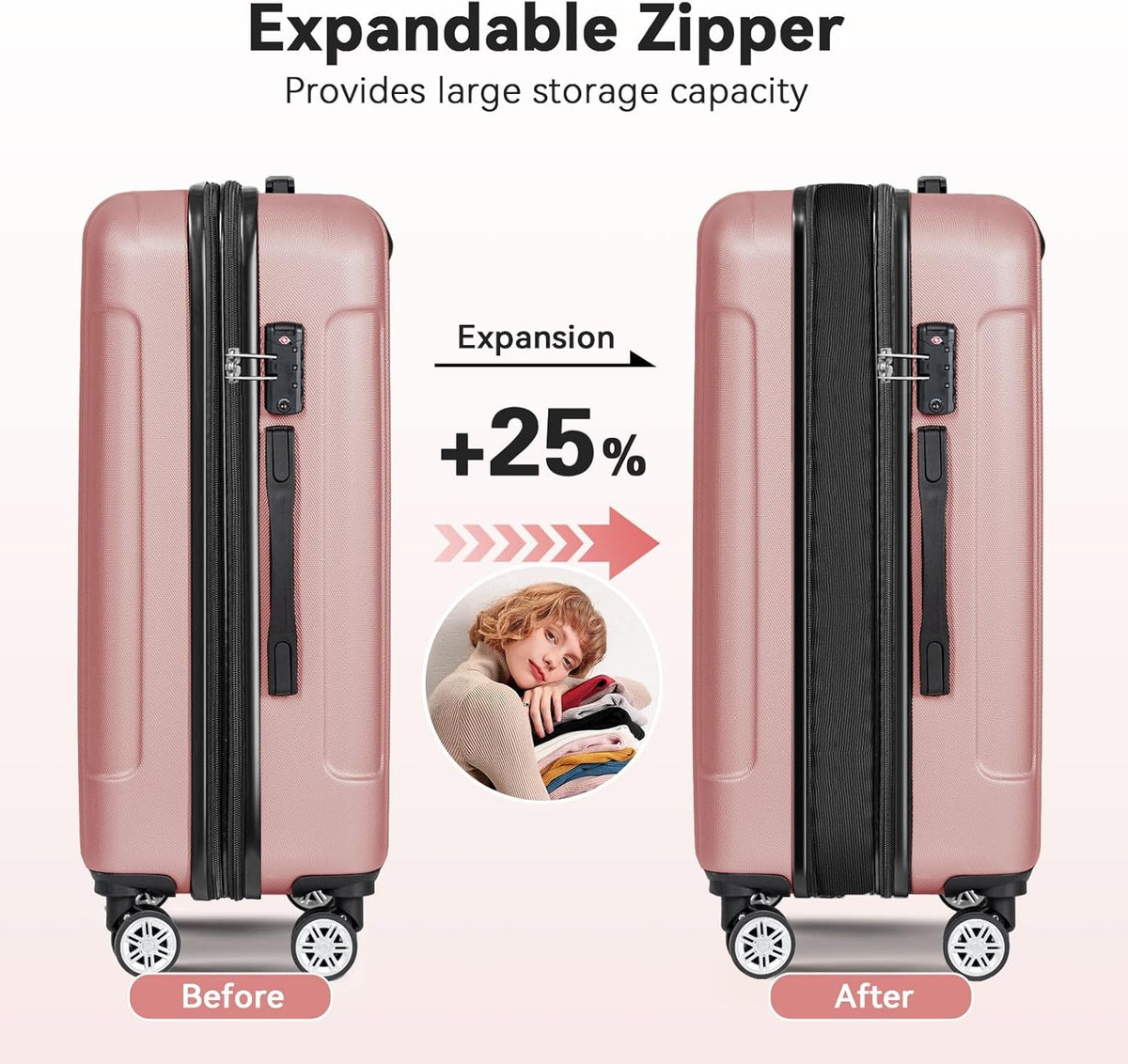 FOCHIER F Luggage Sets, Expandable 3 piece Hard Shell Luggage Set with TSA Lock, PC+ABS Hardside Travel Suitcase with Wheels for Women Men 20 24 28 Inch (Rose Gold)