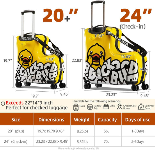 Ride on Kids Luggage with Wheels for Girls and Boys,Hard-sided Kids Rolling Suitcase for Toddler,Carry On 21 Inch Ages 3-6,Yellow