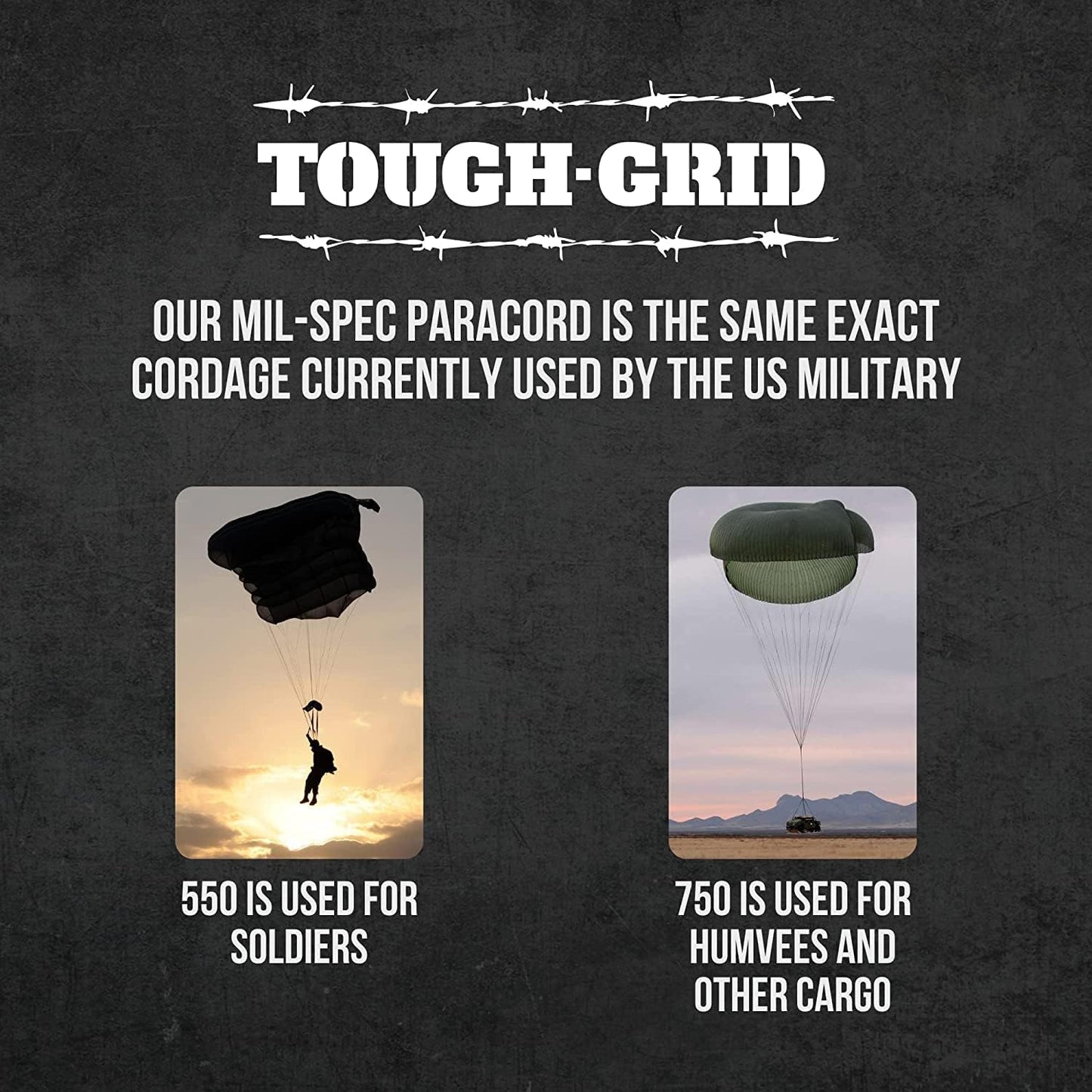 TOUGH-GRID 550 Paracord Rope Nylon Parachute Cord, Made in USA Survival Kit, Outdoor Adventures, Camping, Tactical Gear & Emergency Supplies, Military Type III Mil-Spec