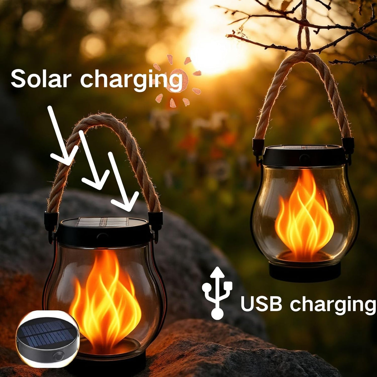 Solar Lantern Outdoor Lights, Flickering LED with Hemp Rope Handle, Dual Charging (Solar & USB), Water-Resistant Hanging Decor for Garden, Yard, Patio, Porch, Pathway, Camping (4)