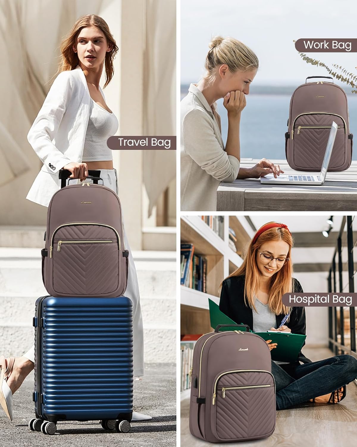 LOVEVOOK Laptop Backpack for Women, Large Capacity Travel Computer Work Bag with 17-inch Laptop Compartment, Business Nurse Backpack Purse, Hiking Outdoor Carry On Backpack, Brown