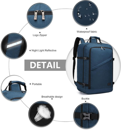 Kono Carry on Backpack, 22" Airplane Approved Travel Backpack for Men and Women, Waterproof Lightweight Daypack for Flight 40L (Navy, Large)