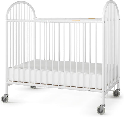 Foundations Pinnacle Folding Metal Baby Crib - Portable Hotel Crib, Easy Compact Storage, 4" Mattress, Built for Small Spaces, Heavy-Duty Construction, White
