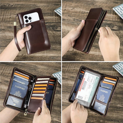 CONTACTS Travel Passport Wallet for Men Leather Family Passport Holder Travel Clutch Wallet Zipper Wrist Card Purse RFID Blocking with 13 Card Slot Fit up 4 Passports