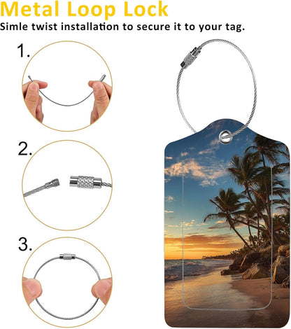 2 Pack Sunrise Over The Beach Luggage Tag for Suitcases Beach with Palm Trees PU Leather Bag Travel Suitcase ID Identifier Baggage Tags for Women Men Travel