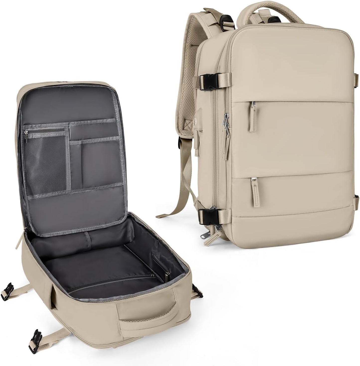 coowoz Large Travel Backpack For Women Men,Carry On Backpack Flight Approved,Hiking Backpack Waterproof Outdoor Rucksack Casual Daypack Fit 15.6 Inch Laptop Shoes Compartment (Khaki-L)