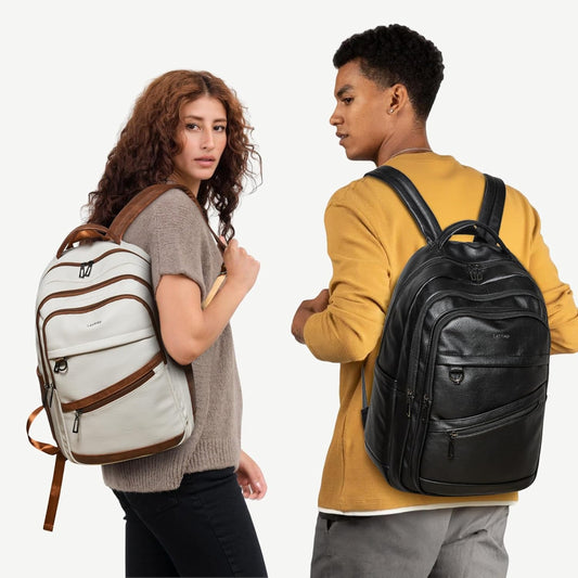 43L Backpack for Women Men - Vegan Leather Backpack Purse Travel Carry-on Bag College Bookbag Work fits 17" Laptop, Beige