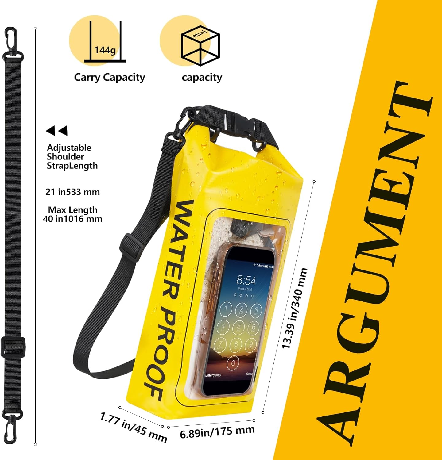 IP68 Waterproof Dry Bag, 2L - Roll Top Waterproof Pool Bag，Dry Bags for Kayaking Waterproof-w/Phone Pouch,Large Waterproof Phone Pouch,Boating & Kayak Accessories Camping (Yellow)