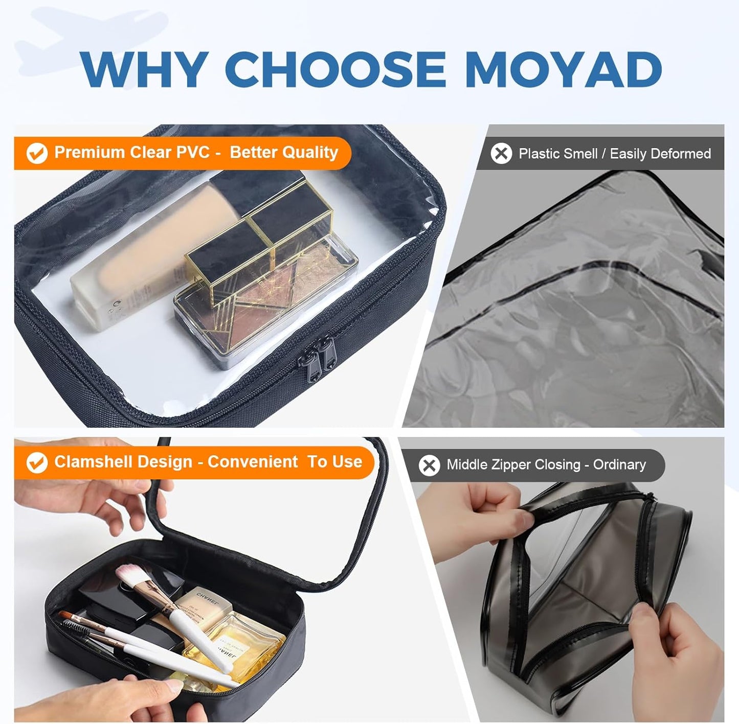 Moyad TSA Approved Clear Toiletry Bag, 3 Pack Quart Size 3-1-1 Liquids Pouch for Travel, Transparent Makeup & Cosmetic Organizer for Women Men, Black