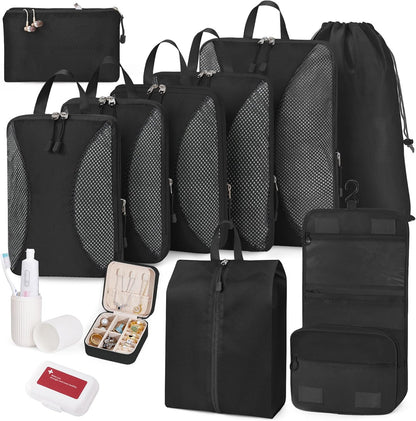 Compression Packing Cubes 12 Set, Suitcase Organizers, Extendable Packing Cubes, Black