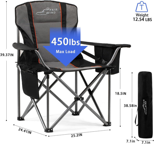 FAIR WIND 2 Pack Oversized Fully Padded Camping Chair with Lumbar Support, Heavy Duty Cooler Bag Fold Chair Support 450 LBS