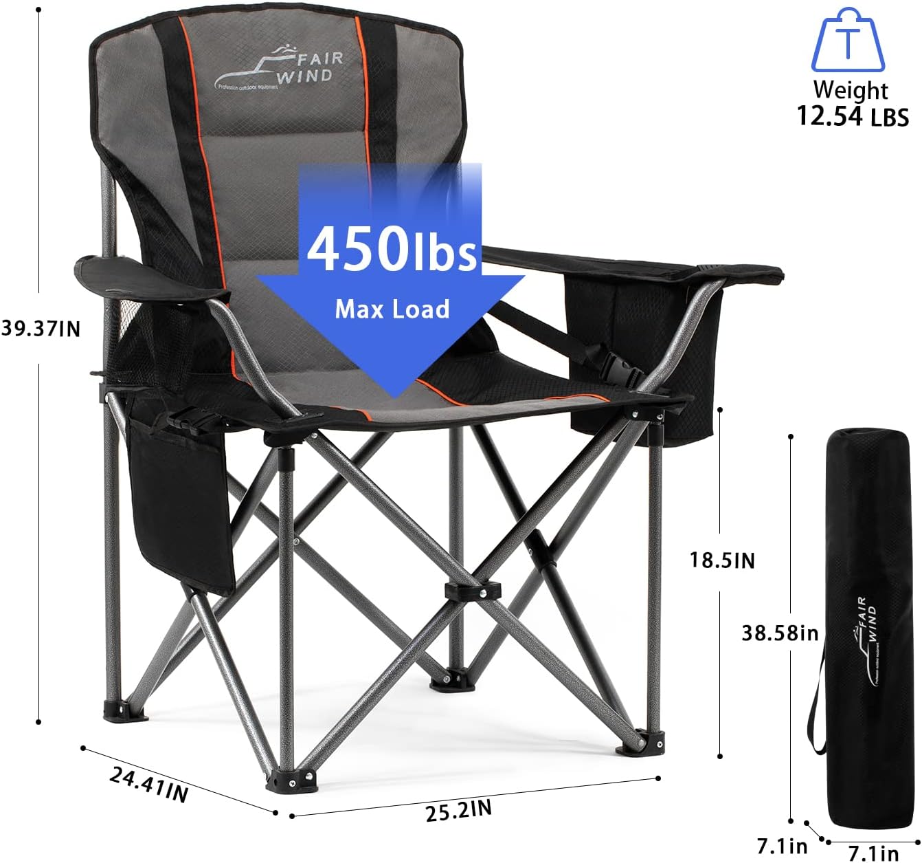 FAIR WIND Oversized Fully Padded Camping Chair with Lumbar Support, Heavy Duty Quad Fold Chair with Cooler Bag, Support 450 LBS, Black