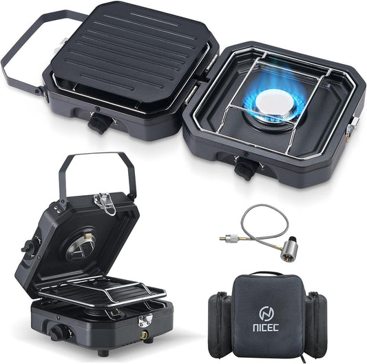 Nice C Camping Stove, Camping Stove Propane, 2 Burner Propane Camping Stove with Grill, Camp Stove, Portable Stove, 16,000 BTU Camp Stove with 2 Burner, Grill & Carry Bag for Camping