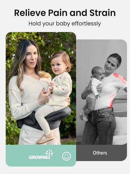 Baby Hip Seat Carrier, GROWNSY Ergonomic Hip Seat Baby Carrier with Multiple Pockets, Adjustable Extended Waistband for Newborns & Toddlers up to 50 lbs, Grey