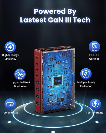 200W USB C Charger Block,8-Ports GaN III Fast Charging Station Hub,QC4.0+PD 65W Laptop Charger Wall Chargers Power Adapter for MacBook Pro/Air,DELL,Steam Desk,iPhone 17/16/15,iPad,Galaxy S25,Pixel-Red