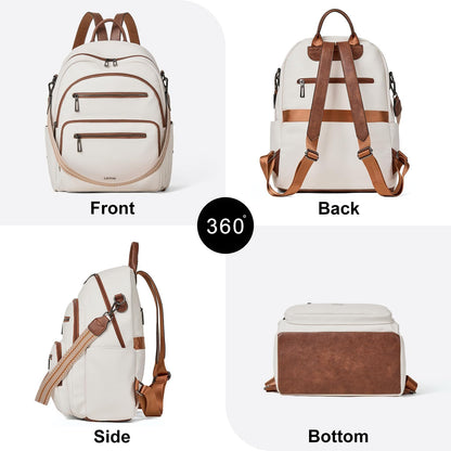 Backpack Purse for Women Laptop Backpack, Leather Travel Backpack Shoulder Bag Teacher College Daypack Work Handbag fits 14" Laptop-Beige