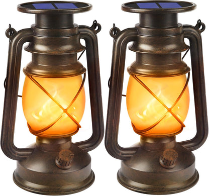 Solar Lanterns Outdoor Waterproof,2 Pack Bronze Vintage Lanterns with Dancing Flame Led Hanging Lights Decor,Lamps for Porch Garden Yard Pathway Camping