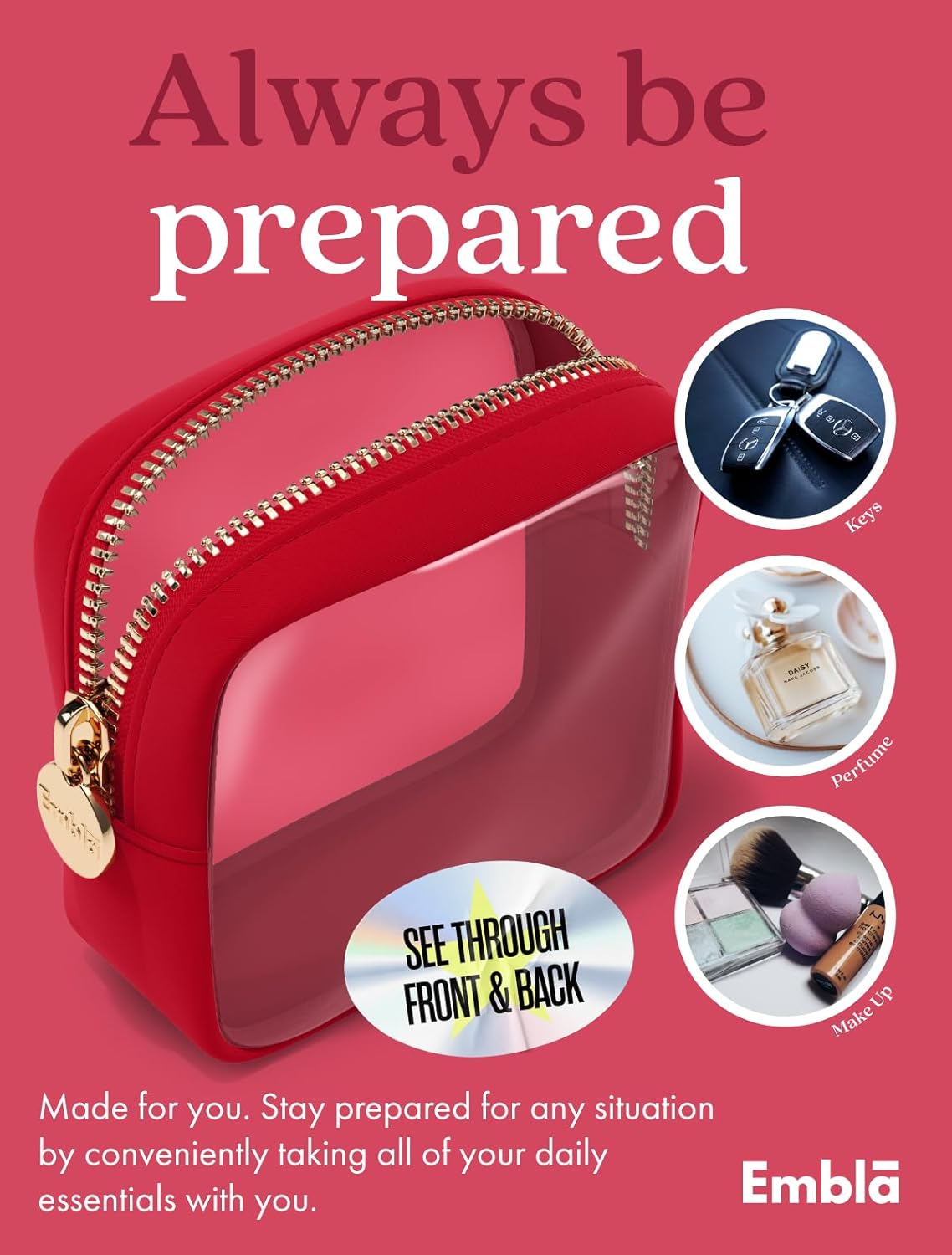 Clear Makeup Bag Zipper Pouch, Transparent Cosmetic Case Organizer, TSA Approved Travel Toiletry Case, Travel Accessories Essentials Makeup Tote for Women, Mini Cute Make up Bag for Purse - Ruby