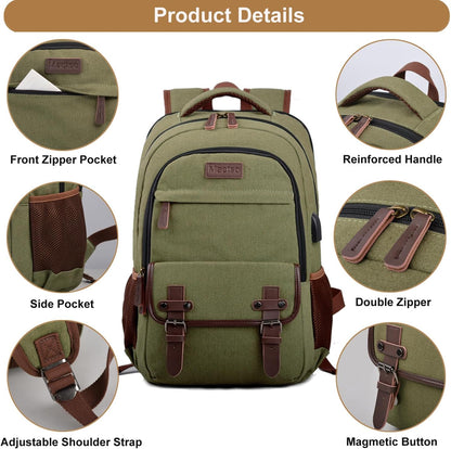 Mactso Canvas Travel Laptop Backpack for Men Women, Business Work Rucksack College School Computer Bag Fits 15.6 Inch Notebook,Bookbag with USB Charging Port (Green, 15.6 Inch)