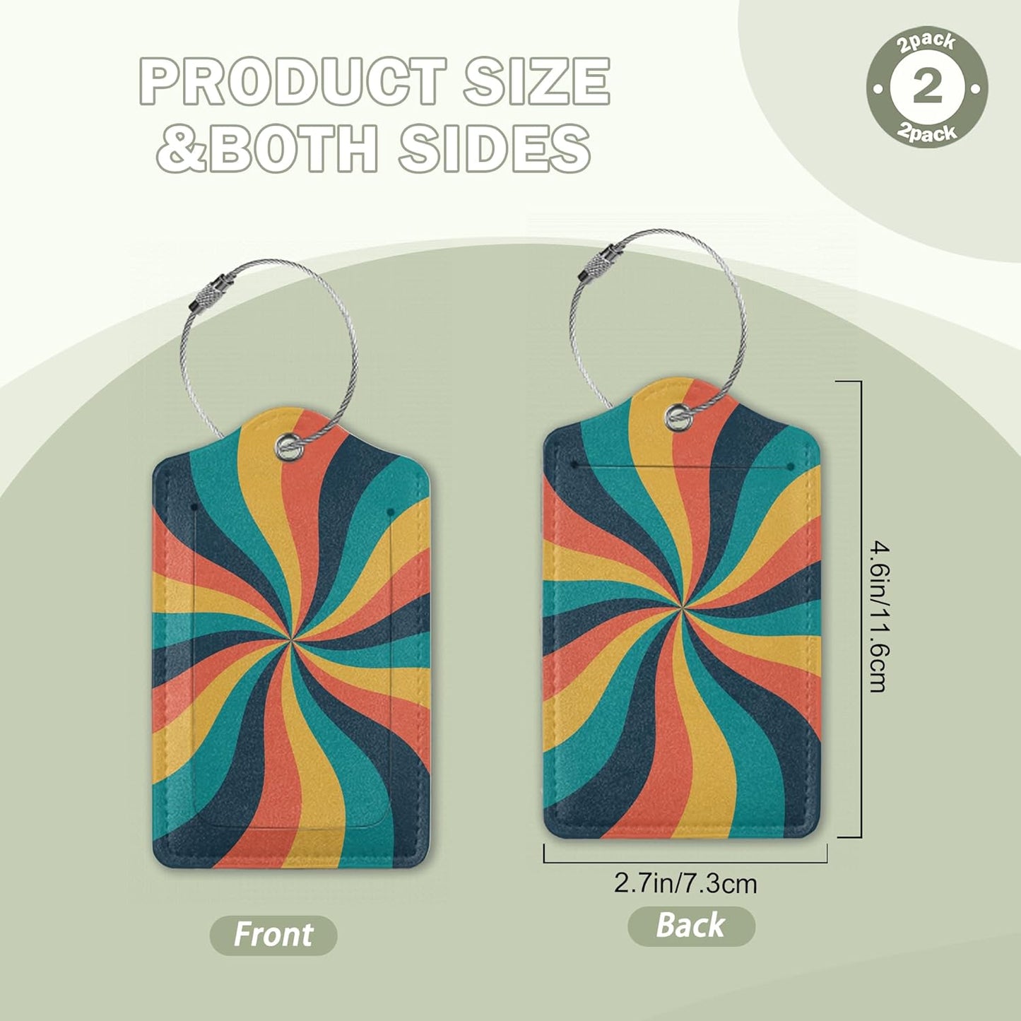 2 Pcs 70s Retro Wavy Luggage Tags,Cruise Vintage Twisted Ray Luggage Tag with Privacy Flap,Name Id Label and Steel Loop for Women Men Travel Bag Suitcase