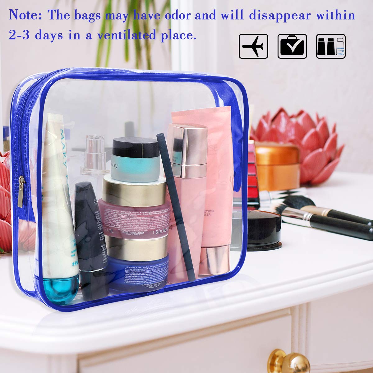 APREUTY Clear Makeup Bags, TSA Approved 6Pcs Cosmetic Makeup Bag Set Clear PVC with Zipper Handle Portable Travel Luggage Pouch Airport Airline Vacation (Blue)