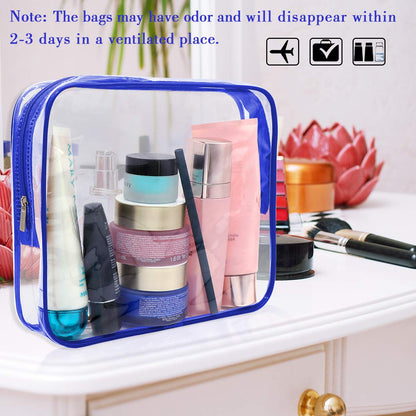 APREUTY Clear Makeup Bags, TSA Approved 6Pcs Cosmetic Makeup Bag Set Clear PVC with Zipper Handle Portable Travel Luggage Pouch Airport Airline Vacation (Blue)