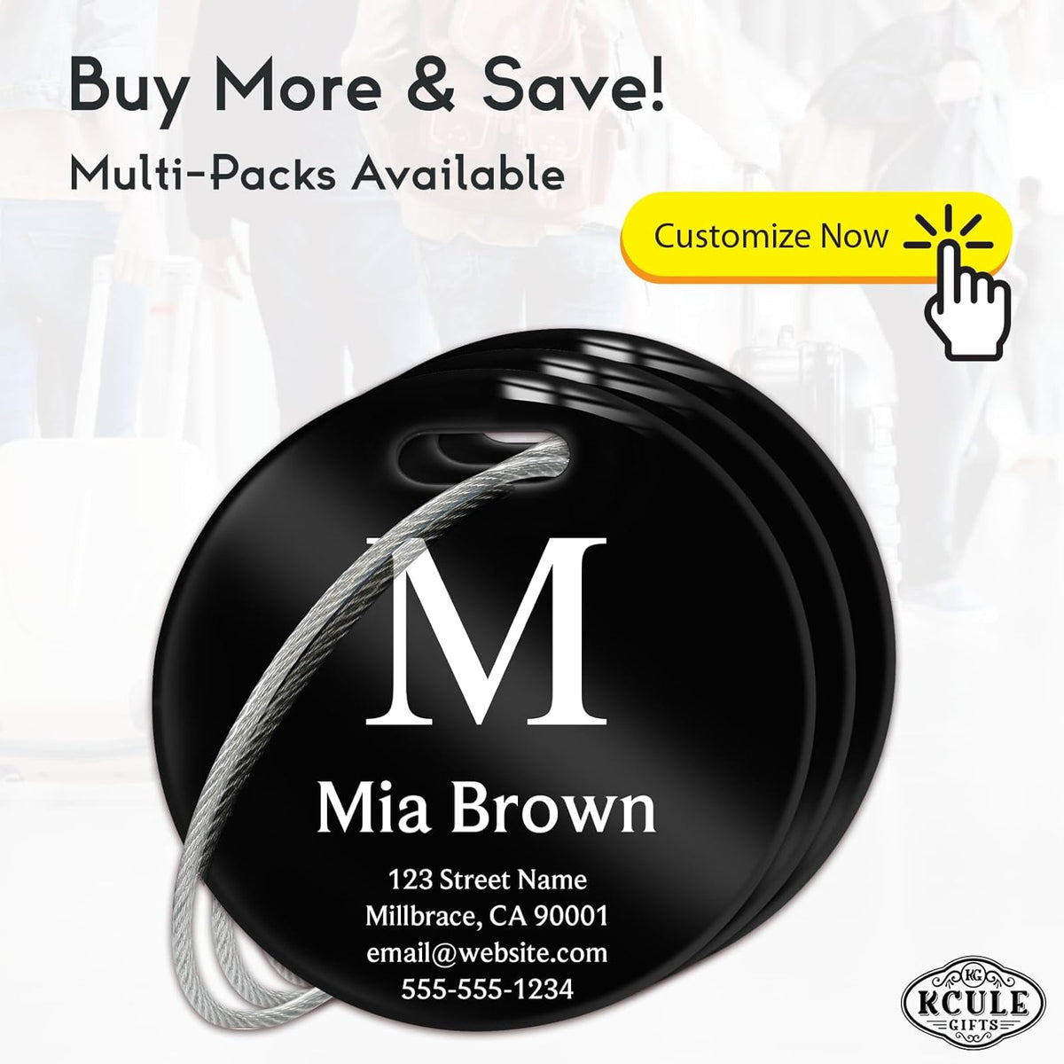 Customized Stainless Steel Luggage Tags: Personalize Your Suitcases, Backpacks, and Bags with Your Text (Black)