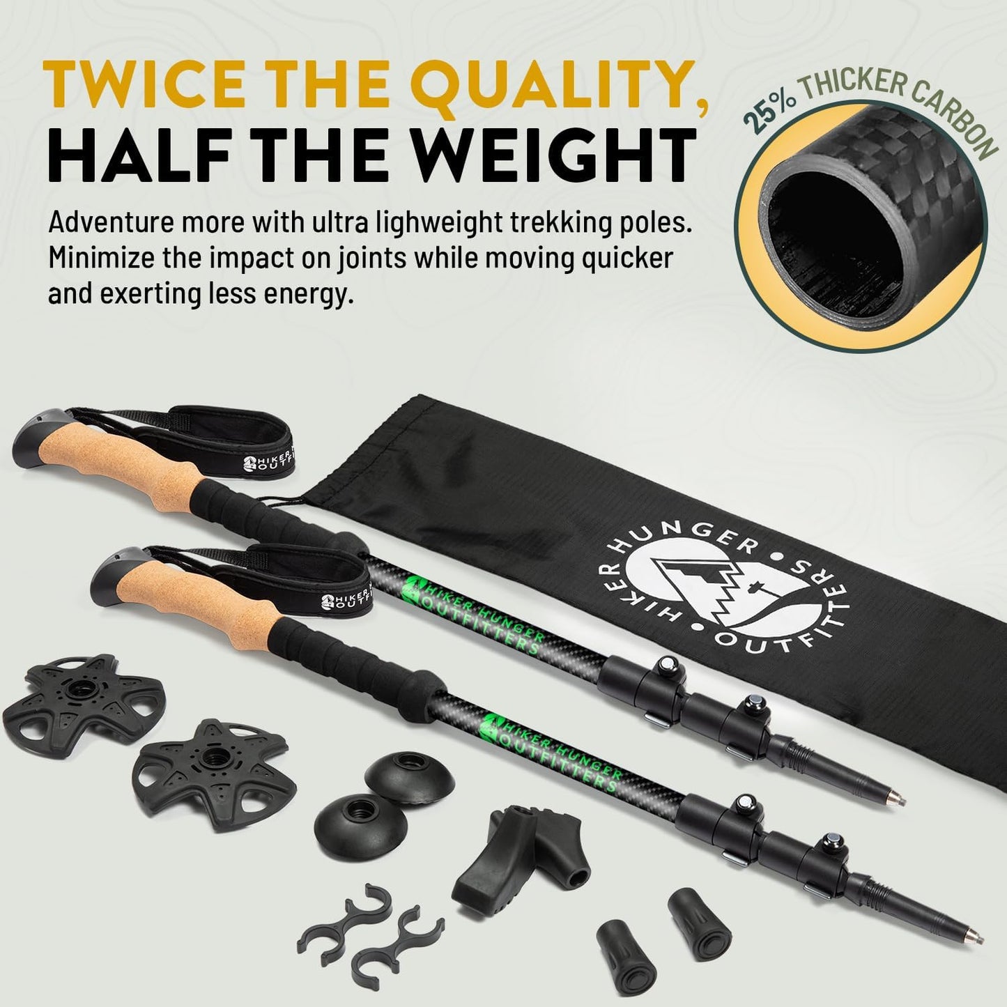 100% Carbon Fiber Trekking Poles by USA Brand - Ultra Strong Lightweight Collapsible Hiking Poles with Cork and EVA Foam Grips & Quick Adjustable Flip Locks