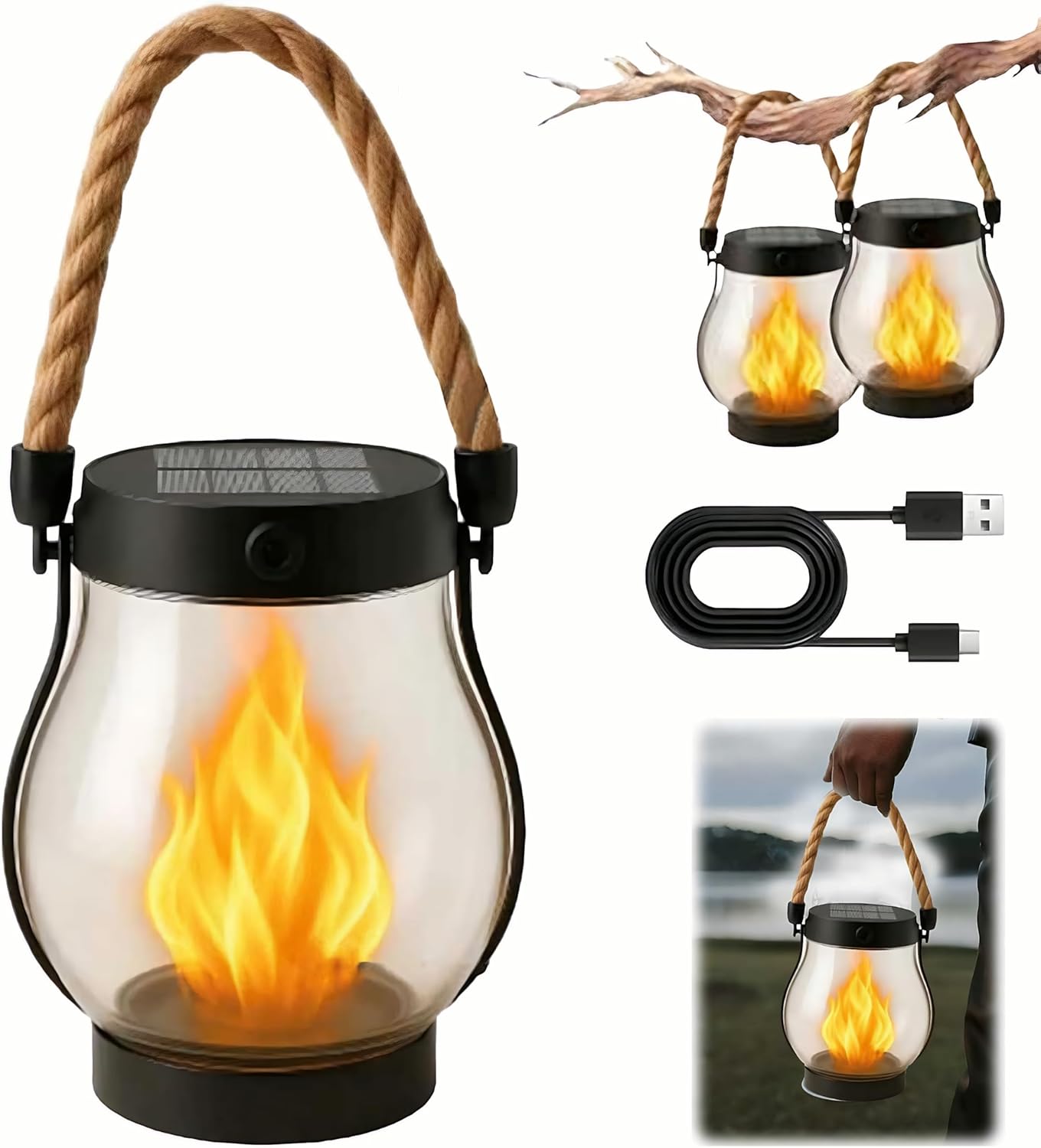 Kaliqo Solar Lantern Outdoor Lights Solar Lantern Waterproof Flickering Flame Hanging Lanterns for Patio Yard Garden Decor (1 Pcs)