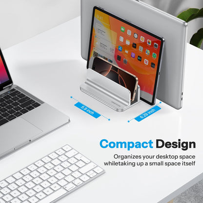 OMOTON 3-Slot Vertical Laptop Stand, Desktop Aluminum Stand for MacBook with Adjustable Dock Size, Fits All MacBook, Surface, Chromebook and Gaming Laptops (Up to 17.3 inches), Bright Silver