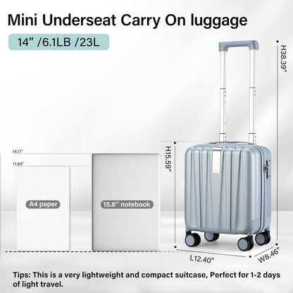 Hanke 14 Inch Underseat Carry On Luggage with Wheels Hard Shell Suitcases Carry On Bag Lightweight Small Mini Suitcase Travel Luggage for Travel（Gray）