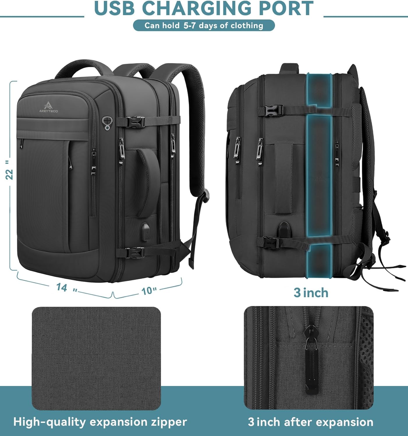 60L Extra Large Travel Laptop Backpack,3XL Expandable Carry On Backpack for Men, Big Capacity Heavy Duty Business Suitcase Daypack Bag Fits 18.4-19 Inch Laptops, Travel Gifts for Men Women, Black