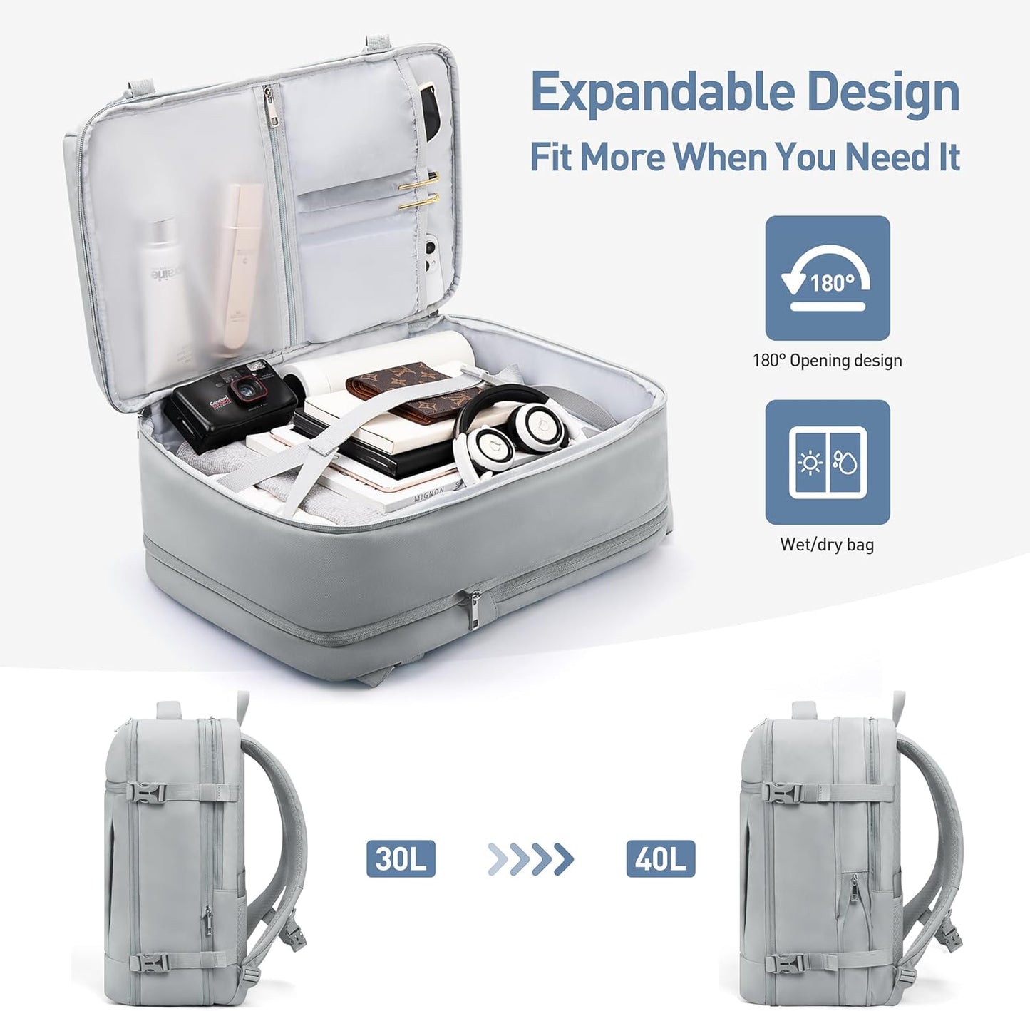 SHOWKOO 40L Travel Backpack for Men & Women, Airline Approved Carry On Laptop Backpack Fits 17.3", Waterproof Personal Item Bag Expandable Large Capacity Weekender Backpack