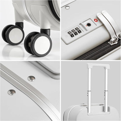 mixi Carry On Luggage, 20'' Suitcase with Front Laptop Pocket, Travel Rolling Luggage Aluminum Frame PC Hardside with Spinner Wheels & TSA Lock and Cover - Smoke White