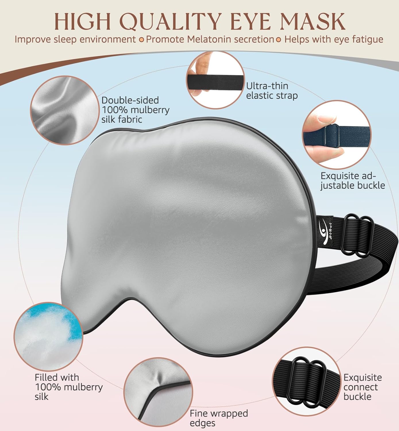 HiRui Silk Sleep Mask, 100% Natural Mulberry Silk of Double-Sided & Inner-Filling, Ultra-Smooth Soft, Adjustable Strap, Blocks Light for Night Sleeping, Travel, Office Naps (Gray)