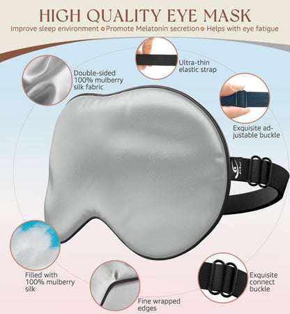 HiRui Silk Sleep Mask, 100% Natural Mulberry Silk of Double-Sided & Inner-Filling, Ultra-Smooth Soft, Adjustable Strap, Blocks Light for Night Sleeping, Travel, Office Naps (Gray)