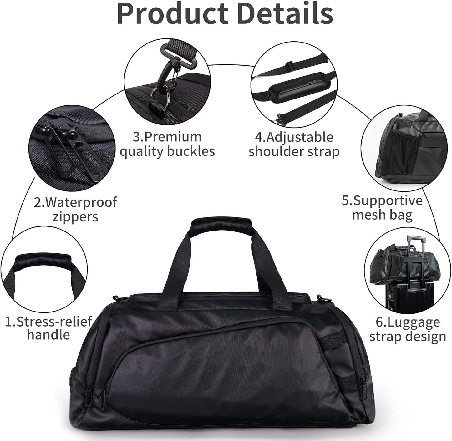 Duffle Bag for Travel, Carry on Gym Bag for Men, Waterproof Sport Bags with Shoe Compartment, 40L Lightweight Weekender Bag for Camping, Hiking, Trips - Black (Basic)