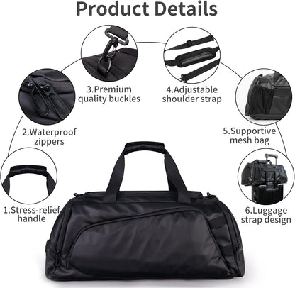 Duffle Bag for Travel, Carry on Gym Bag for Men, Waterproof Sport Bags with Shoe Compartment, 40L Lightweight Weekender Bag for Camping, Hiking, Trips - Black (Basic)