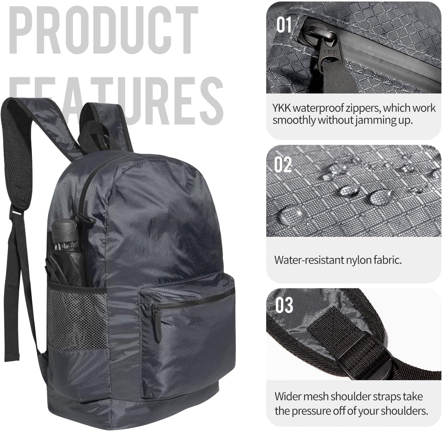 pack all 20L Lightweight Packable Backpack, Water Resistant Foldable Backpack, Travel Hiking Daypack with Waterproof Zippers (Navy Blue)