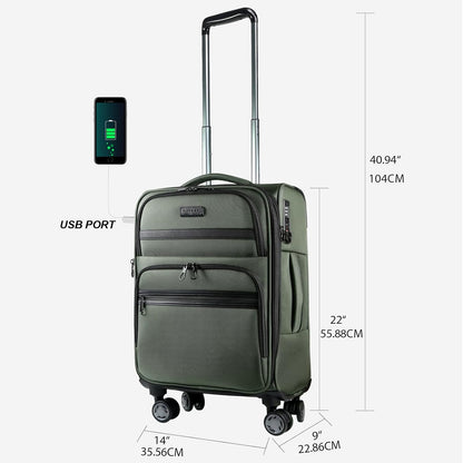 KROSER Softside Expandable Carry On Luggage with Spinner Wheels & Built-in TSA Lock, Durable Suitcase Rolling Luggage with USB Port, Carry-On 20-Inch, Army Green