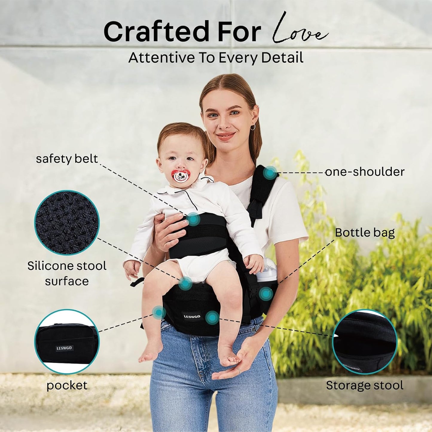 Baby Hip Carrier,Baby Carrier with Shoulder Strap,Adjustable Extended Waistband with Various Pockets-Ergonomic,Baby Carrier for Newborns & Toddlers -Black