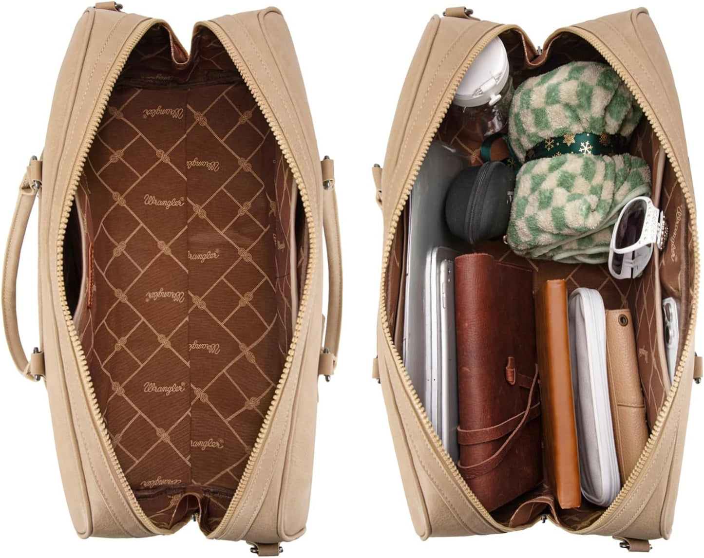 Wrangler Travel Duffel Bag Large Weekender Bag for Women Designer Carry on Overnight Bag for Trips Leather Luggage Bag Khaki